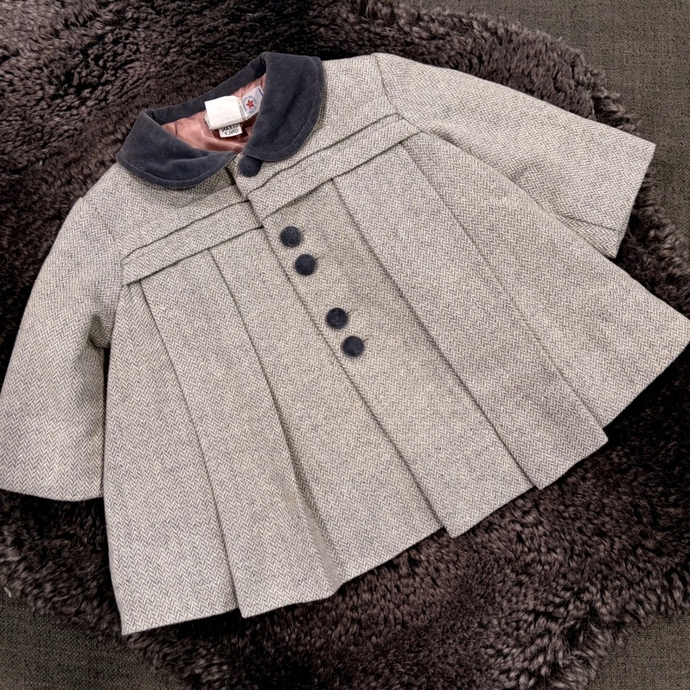 VTG Betti Terrell by Johnston Grey Herringbone Wool Blend Coat Velvet Collar 12M